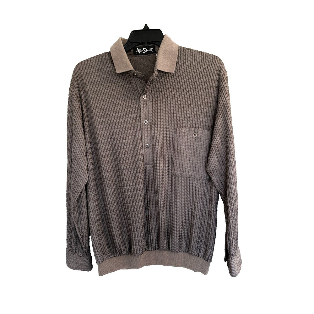 Vintage Alan‎ Stuart XL Textured Knit Polo Shirt Made in USA Banded Hem Brown